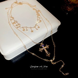 Vòng cổ hình ngôi sao chéo đính kim cương DREZEW, phù hợp với áo len cổ điển Châu Âu - Mỹ, phụ kiện nhẹ nhàng sang trọng