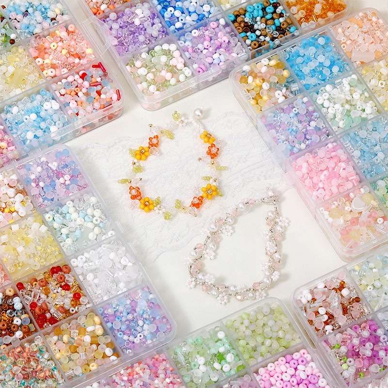 Vòng tay và vòng cổ hạt thủy tinh siêu hỗn hợp màu, DIY handmade chất liệu đính hạt thời trang