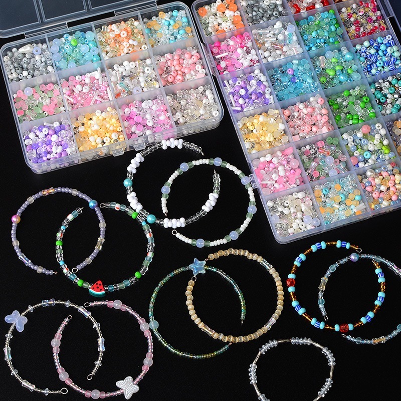 Vòng tay và vòng cổ hạt thủy tinh siêu hỗn hợp màu, DIY handmade chất liệu đính hạt thời trang