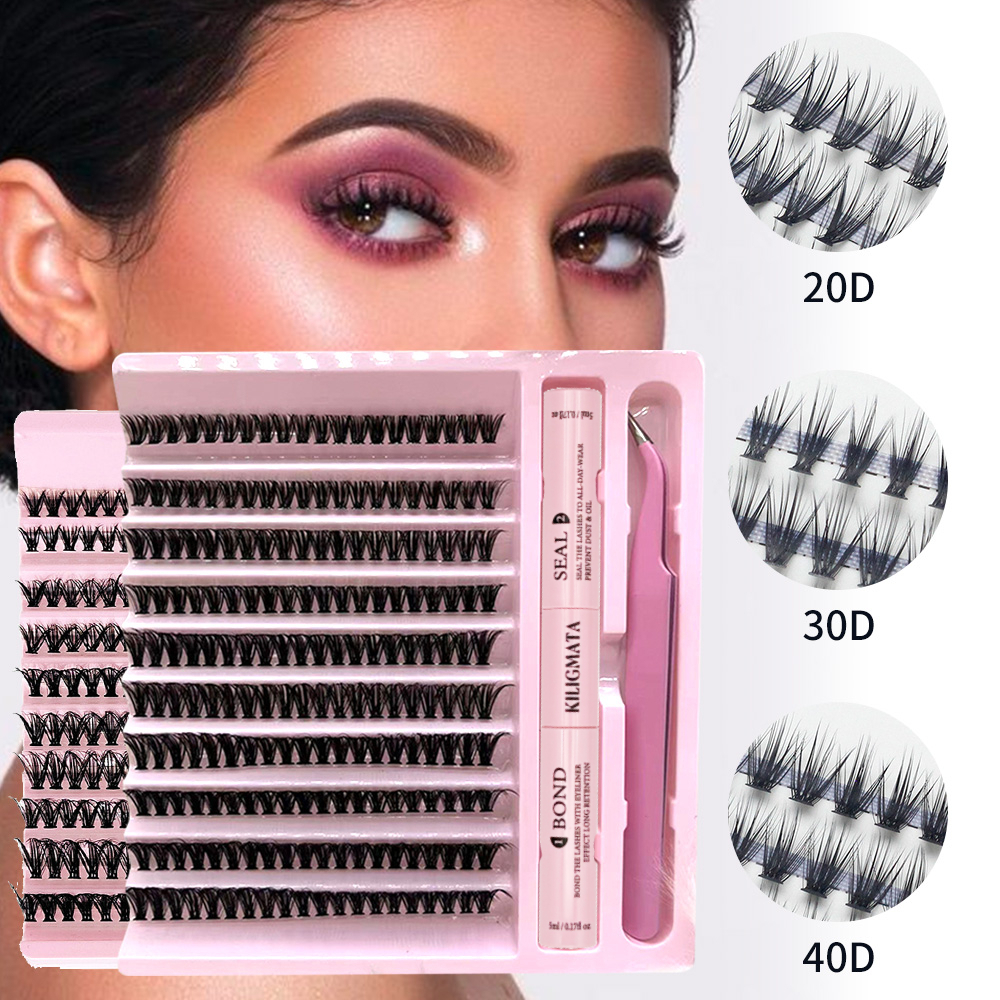 (keo đen) Bộ cụm lông mi giả kiligmata 200 chiếc chồn giả mềm - Diy Natural, C Curl, Chiều dài hỗn hợp 10-16Mm