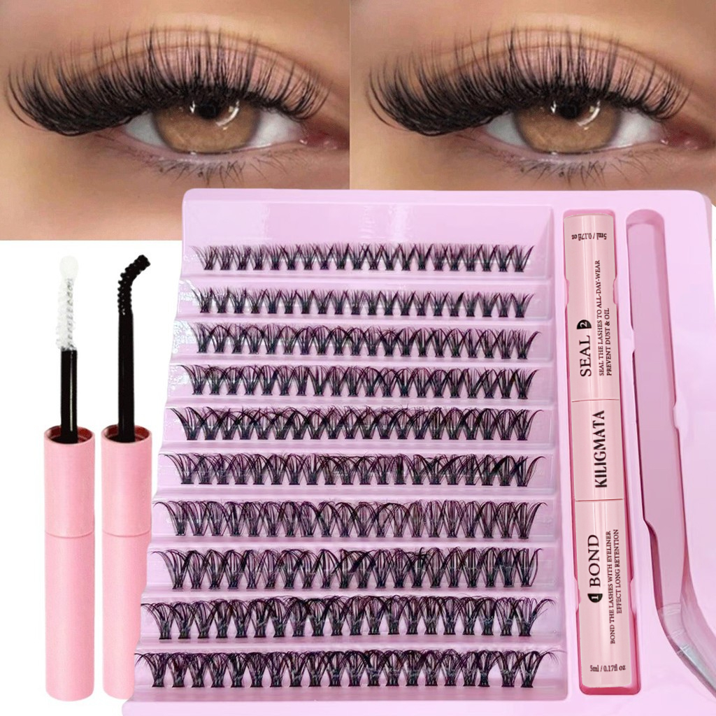 (keo đen) Bộ cụm lông mi giả kiligmata 200 chiếc chồn giả mềm - Diy Natural, C Curl, Chiều dài hỗn hợp 10-16Mm