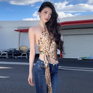 Cutenew Gợi Cảm Da Báo In Dây Áo Tắt Tay Sling Backless Ruy Băng Thiết Kế Mùa Hè Nữ Niche Hot Chick Phong Cách