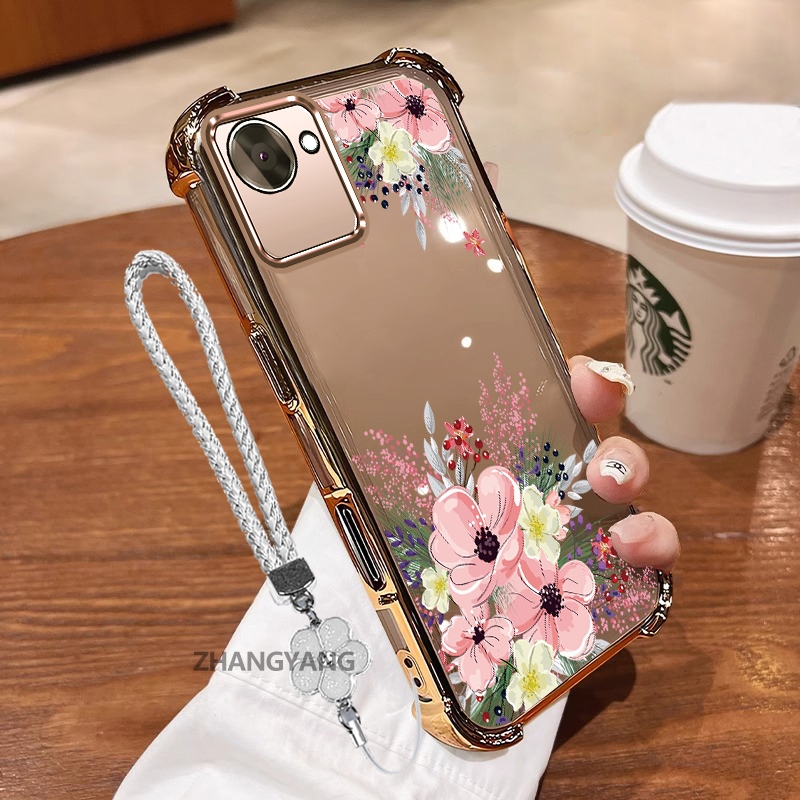 Ốp Lưng Cho Realme C30 C30s Thẩm Mỹ Họa Tiết Hoa Thu Đông Dễ Thương Thiết Kế Mới Mạ Điện TPU Chống Sốc Vỏ Mềm Dây Treo Miễn Phí