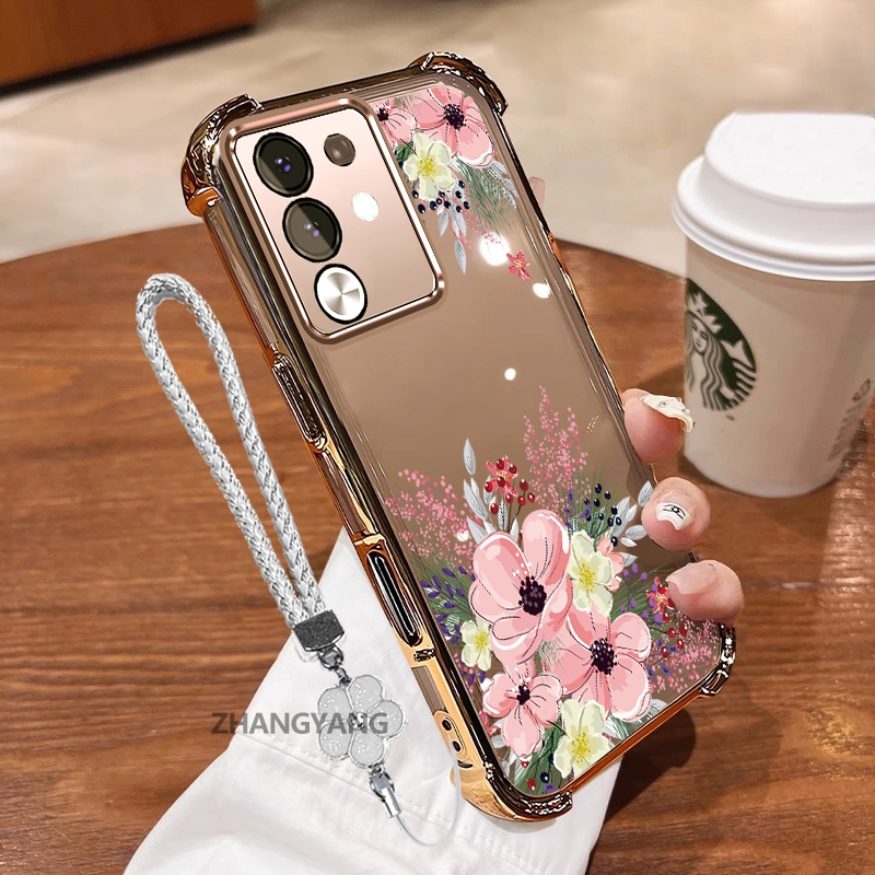 Ốp Lưng Cho vivo Y29 4G Thẩm Mỹ Dễ Thương Hoa Thu Họa Tiết Hoa Thiết Kế Mới Mạ Điện TPU Chống Sốc Vỏ Mềm Dây Treo Miễn Phí