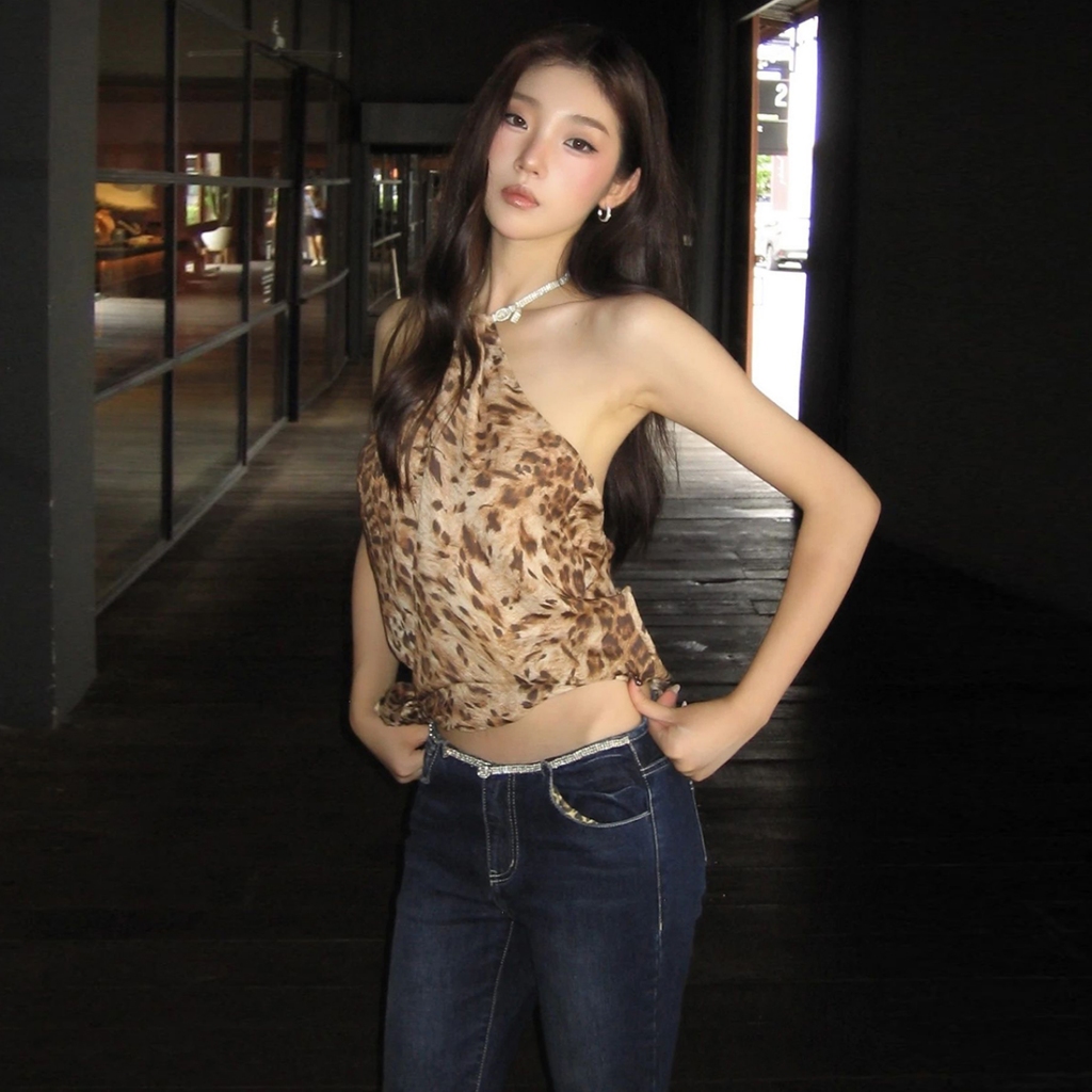 Cutenew Gợi Cảm Da Báo In Dây Áo Tắt Tay Sling Backless Ruy Băng Thiết Kế Mùa Hè Nữ Niche Hot Chick Phong Cách