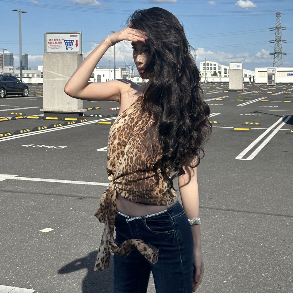 Cutenew Gợi Cảm Da Báo In Dây Áo Tắt Tay Sling Backless Ruy Băng Thiết Kế Mùa Hè Nữ Niche Hot Chick Phong Cách