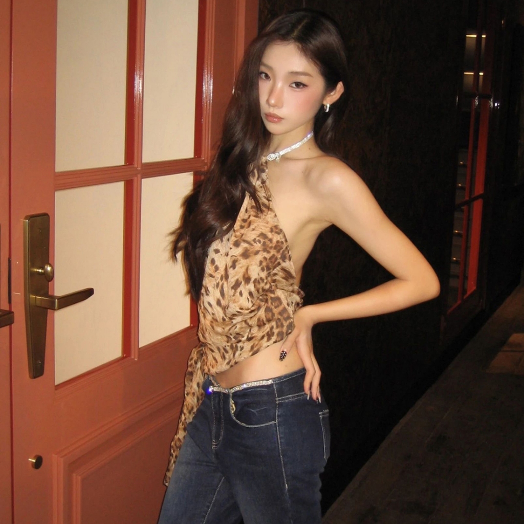 Cutenew Gợi Cảm Da Báo In Dây Áo Tắt Tay Sling Backless Ruy Băng Thiết Kế Mùa Hè Nữ Niche Hot Chick Phong Cách