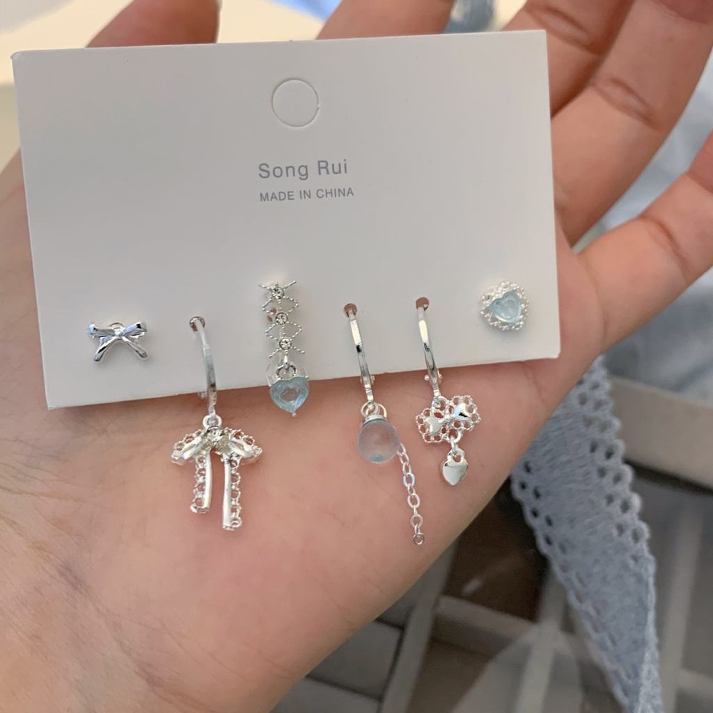 Trang sức nữ Hàn Quốc màu xanh có nơ, phù hợp làm quà tặng