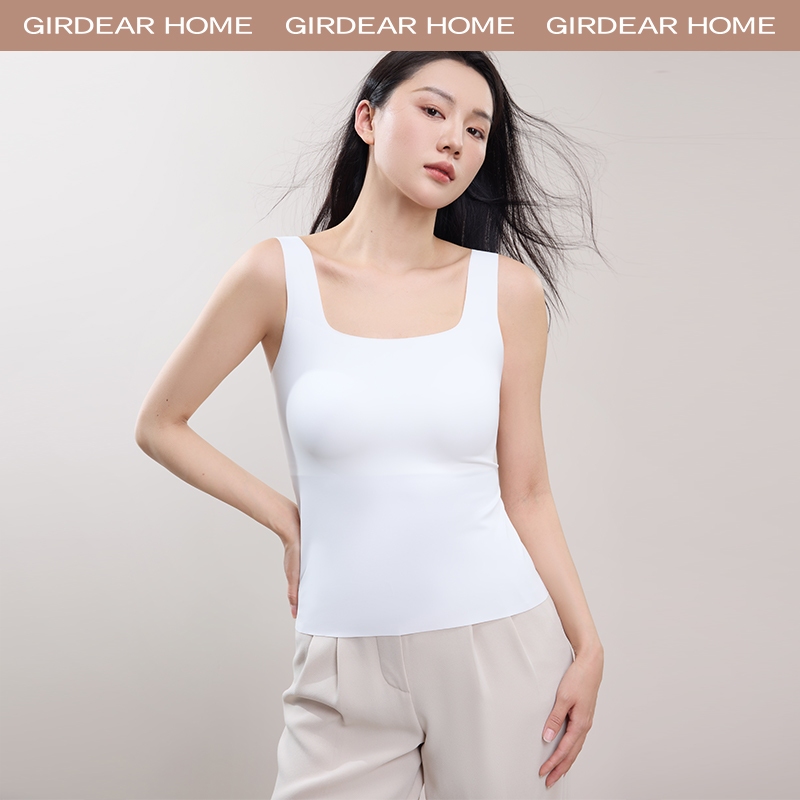 Girdear Home Áo Thun Dệt Kim Cổ Vuông Và Áo Vest Không Tay Dành Cho Nữ - Với Đệm Ngực Trơn, Áo Tank Top Lụa Băng Slim Fit Mềm Mại Thoải Mái,8511EB11