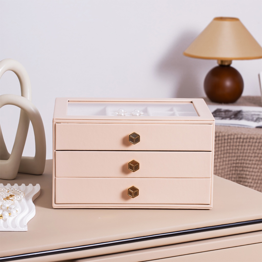 Hộp đựng đồ trang sức 3 lớp CASEGRACE dành cho nữ, Dụng cụ sắp xếp trang sức có nắp và ngăn kéo bằng kính, Dụng cụ sắp xếp trang sức và lưu trữ cho dây chuyền, nhẫn, bông tai, vòng tay
