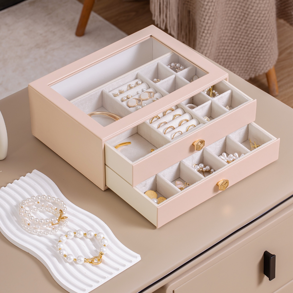 Hộp đựng đồ trang sức 3 lớp CASEGRACE dành cho nữ, Dụng cụ sắp xếp trang sức có nắp và ngăn kéo bằng kính, Dụng cụ sắp xếp trang sức và lưu trữ cho dây chuyền, nhẫn, bông tai, vòng tay