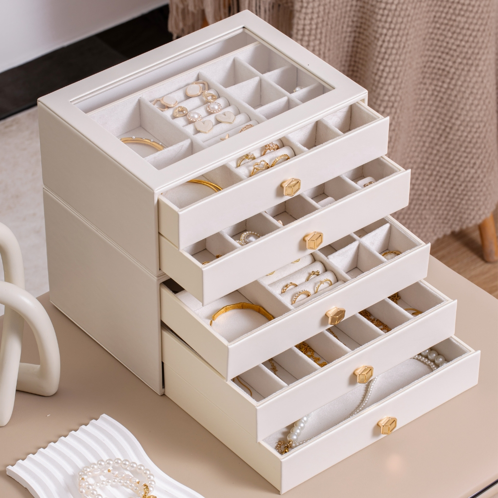 Hộp đựng đồ trang sức 3 lớp CASEGRACE dành cho nữ, Dụng cụ sắp xếp trang sức có nắp và ngăn kéo bằng kính, Dụng cụ sắp xếp trang sức và lưu trữ cho dây chuyền, nhẫn, bông tai, vòng tay
