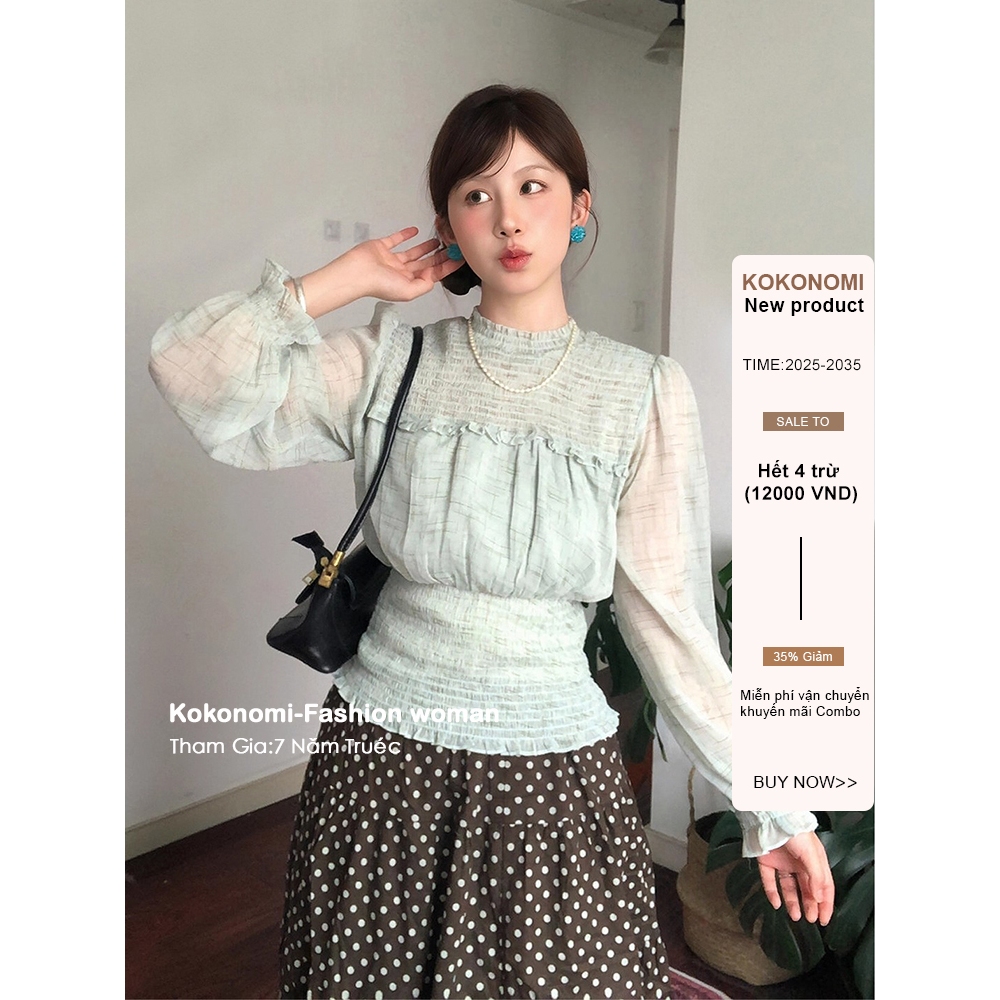 KOKONOMI Áo sơ mi voan dài tay pháp nữ màu xanh ánh sáng, thiết kế hở và mỏng nhẹ, phù hợp đầu thu và chống nắng