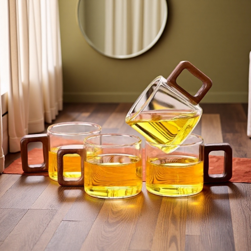 ✨Bộ tách trà thủy tinh Borosilicate cao có tay cầm bằng gỗ Cách nhiệt Chống bỏng 120ml Cốc trà nhỏ gia đình