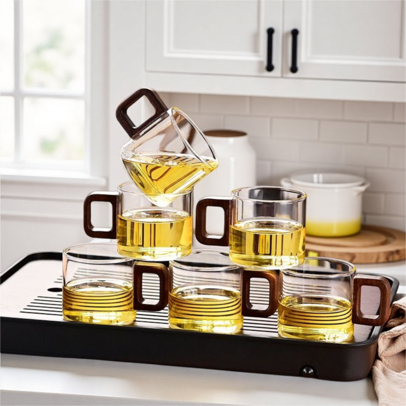 ✨Bộ tách trà thủy tinh Borosilicate cao có tay cầm bằng gỗ Cách nhiệt Chống bỏng 120ml Cốc trà nhỏ gia đình