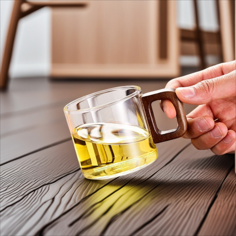 ✨Bộ tách trà thủy tinh Borosilicate cao có tay cầm bằng gỗ Cách nhiệt Chống bỏng 120ml Cốc trà nhỏ gia đình