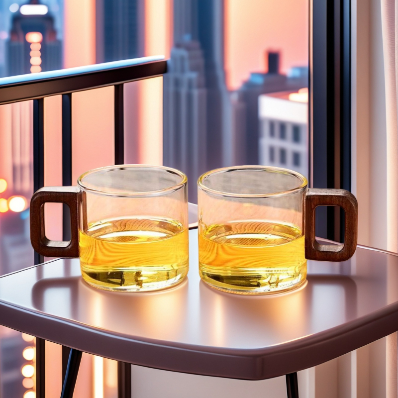 ✨Bộ tách trà thủy tinh Borosilicate cao có tay cầm bằng gỗ Cách nhiệt Chống bỏng 120ml Cốc trà nhỏ gia đình