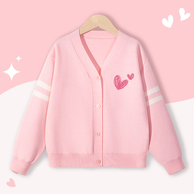 Áo khoác Cardigan dệt kim cho bé gái , mềm mại thoải mái với in hình trái tim, thiết kế phong cách Preppy