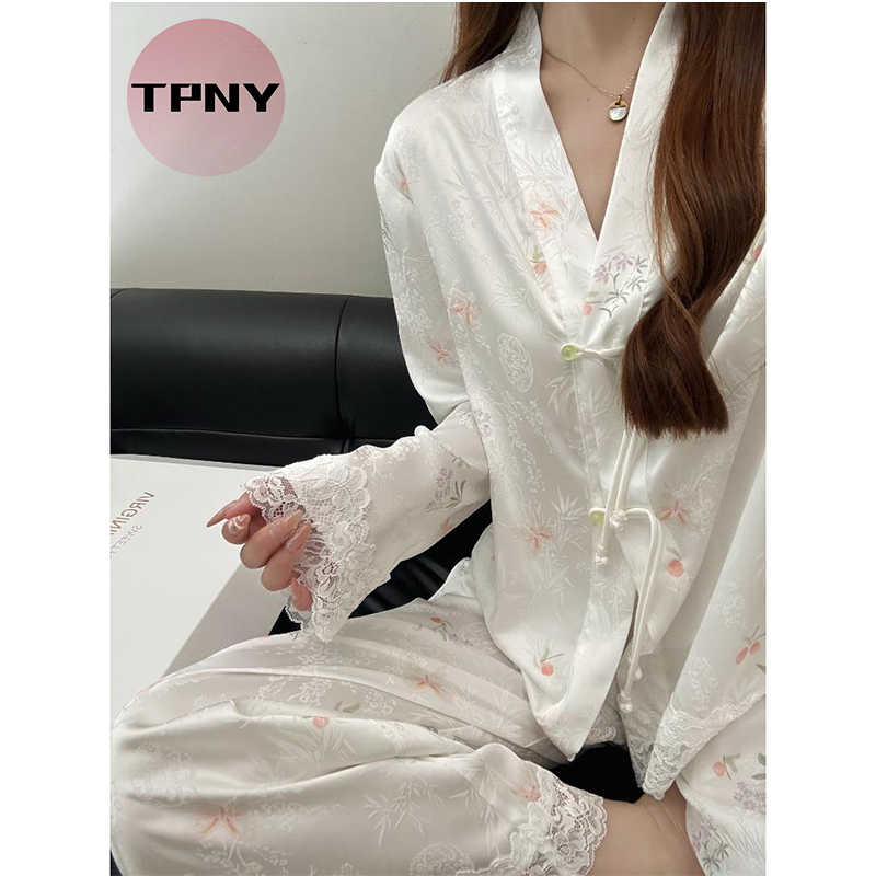 [TPNY]Bộ Đồ Ngủ Nữ Phong Cách Trung Hoa, Ren Băng Lụa Satin, Loungewear Cao Cấp