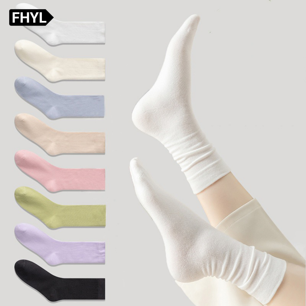 FHYL Vớ cotton Trắng Cổ Cao Mềm Mại Màu Trơn Thời Trang Phong Cách Hàn Quốc Cho Nữ