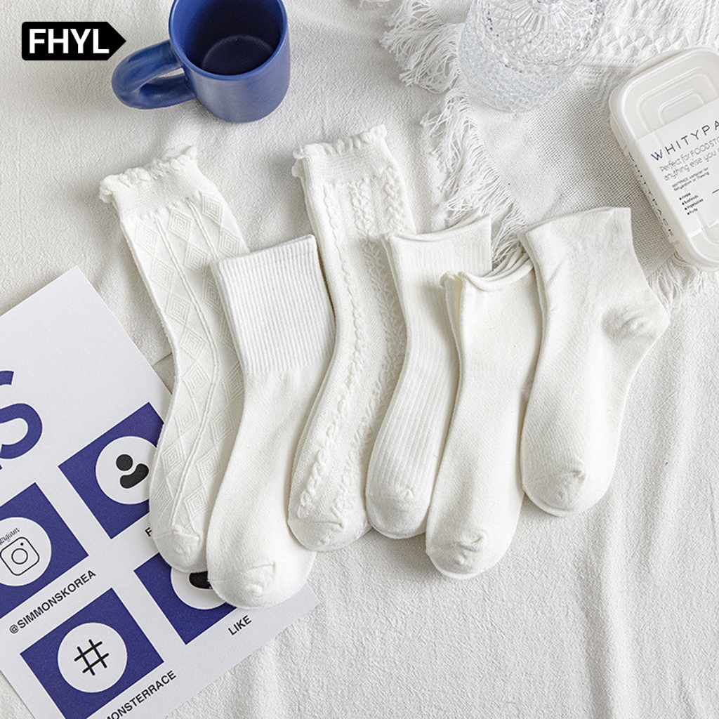 Fhyl Hàn Quốc Casula Dễ Thương Khử Mùi Tất Thời Trang Nữ Màu Trơn Giữa Tất Viền Uốn Mềm Chân Trắng Tất Dành Cho Nữ