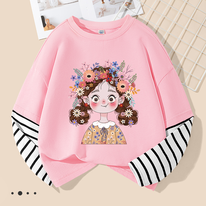 Áo thun dài tay bé gái, vải Cotton 100% mềm mại thoải mái với in hình bé gái dễ thương