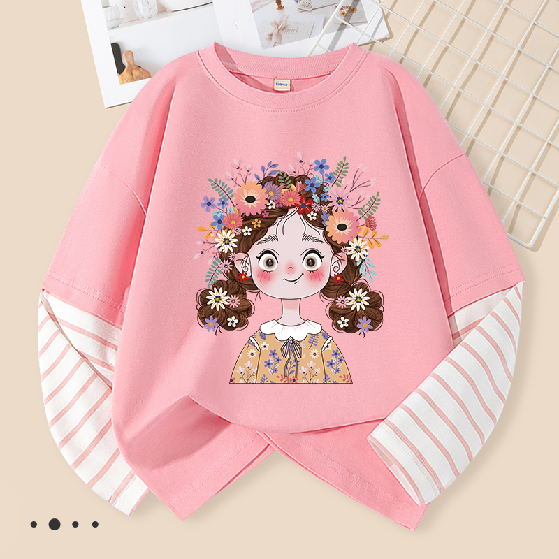 Áo thun dài tay bé gái, vải Cotton 100% mềm mại thoải mái với in hình bé gái dễ thương