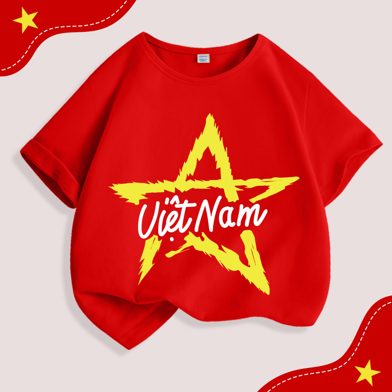 Áo thun bé trai / bé gái, vải Cotton nguyên chất mềm mại thoải mái in cờ Việt Nam