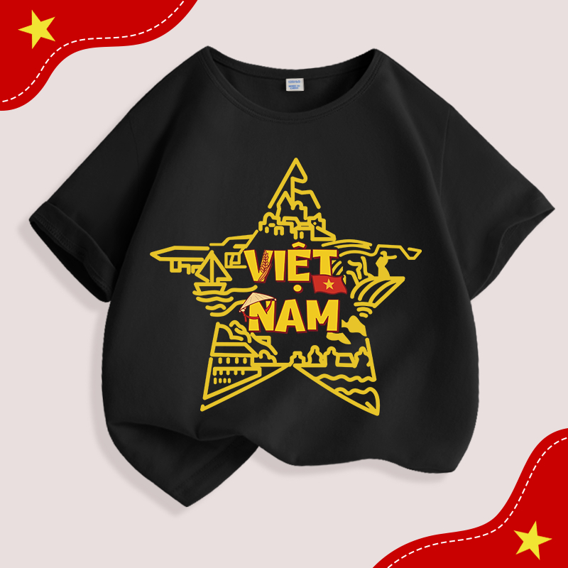 Áo thun bé trai / bé gái, vải Cotton nguyên chất mềm mại thoải mái in cờ Việt Nam