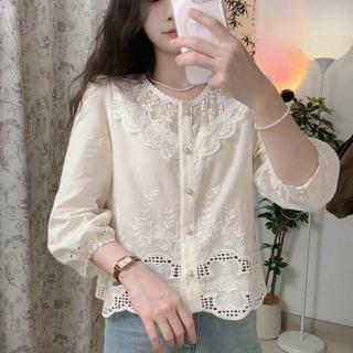 Áo sơ mi nữ dáng rộng ren thêu 3 / 4 phong cách Hàn Quốc