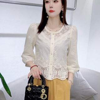 Áo sơ mi nữ dáng rộng ren thêu 3 / 4 phong cách Hàn Quốc