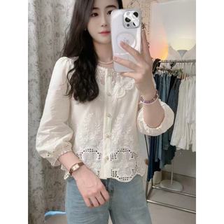 Áo sơ mi nữ dáng rộng ren thêu 3 / 4 phong cách Hàn Quốc