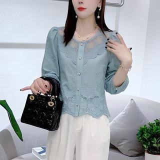 Áo sơ mi nữ dáng rộng ren thêu 3 / 4 phong cách Hàn Quốc