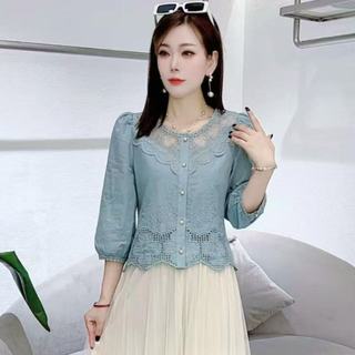 Áo sơ mi nữ dáng rộng ren thêu 3 / 4 phong cách Hàn Quốc