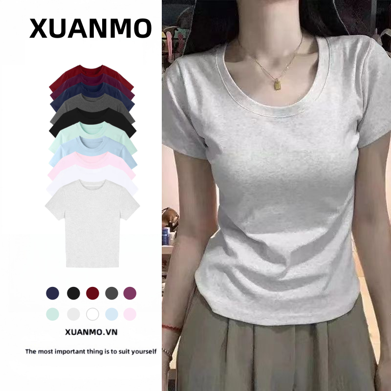 XUANMO Local brand Áo baby tee Áo Thun ôm body Áo y2k cotton Chính Hãng Vai Ngắn Tay Nữ Mùa Hè 2024 Phong Cách Mới Thời Trang Phù Hợp Với Cổ Tròn