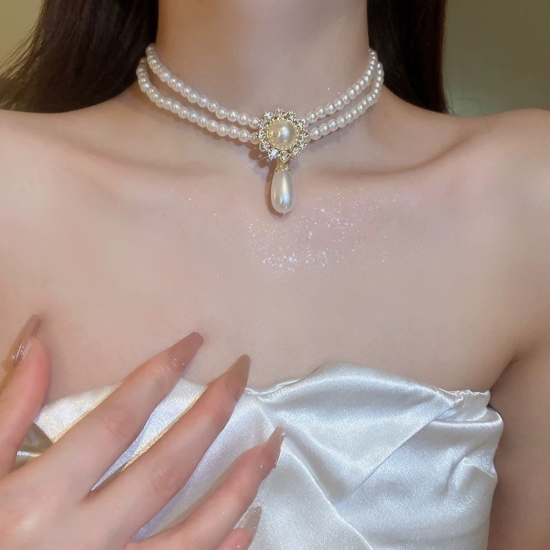 Vòng cổ hai lớp ngọc trai nữ tính, sang trọng, mặt dây chuyền cao cấp dành cho xương đòn