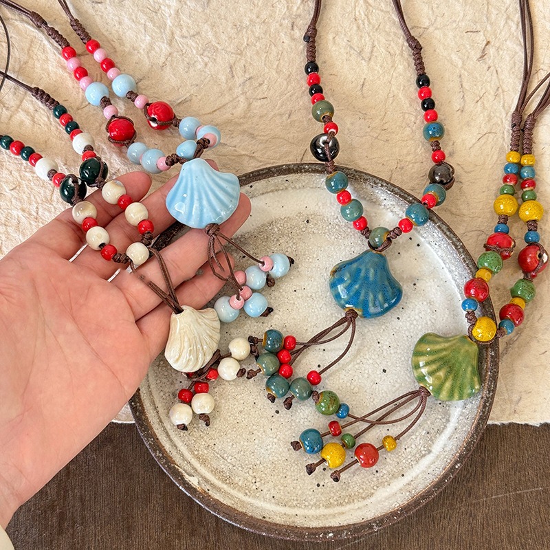 Mới Vòng Cổ Vintage Vỏ Gốm Đá Quý, Phong Cách Dân Tộc & Boho