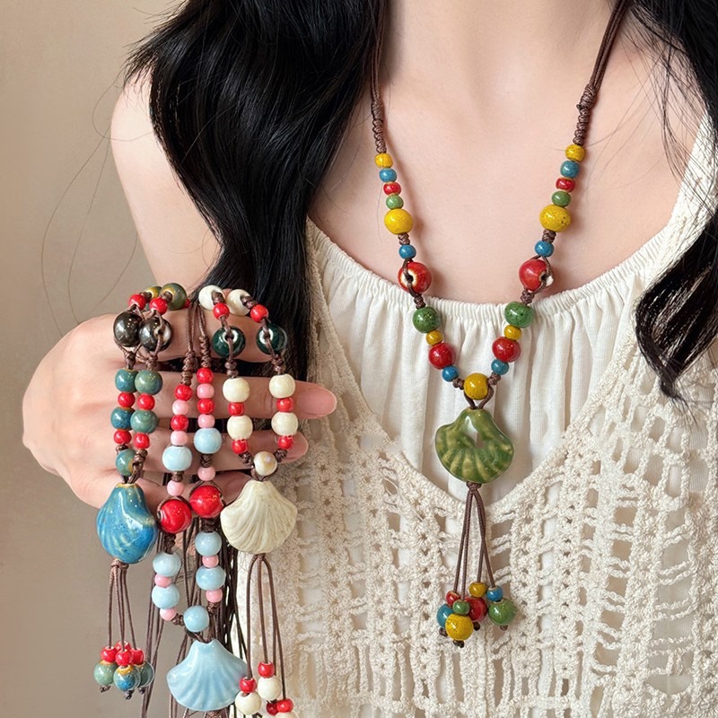 Mới Vòng Cổ Vintage Vỏ Gốm Đá Quý, Phong Cách Dân Tộc & Boho