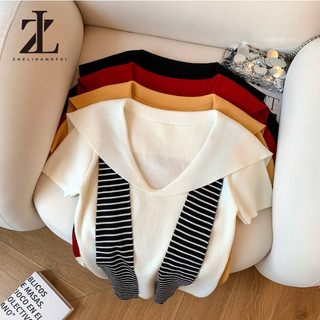 ZHELIHANGFEI Áo thun đeo vai ngắn tay cổ hải quân cổ điển Hàn Quốc