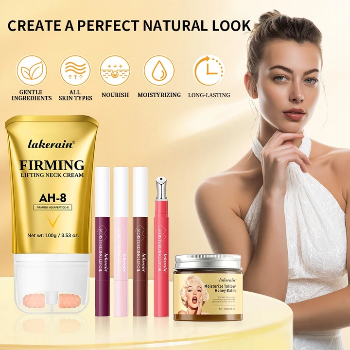 Bộ chăm sóc da chống nhăn & dưỡng ẩm Lakerain, Son dưỡng mật ong Tallow bò có roi + Kem dưỡng cổ làm săn chắc Ah-8 + Dầu tinh chất môi, Dưỡng ẩm tự nhiên và phai màu nếp nhăn