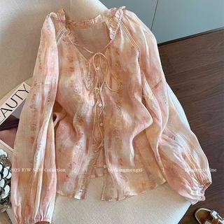 Áo sơ mi dài tay hoa ren dáng rộng phong cách Hàn Quốc dành cho nữ