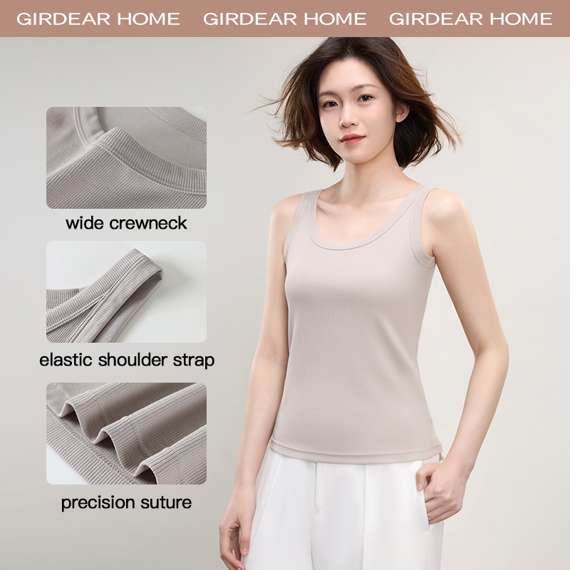 Girdear Home Áo Dệt Kim Sọc Modal Cotton Cổ Tròn Không Tay Cho Nữ, Thoáng Mát Và Giữ Ẩm - Áo Tank Top Màu Trơn Slim Fit, Phù Hợp Thời Trang Hàng Ngày,8511EA08