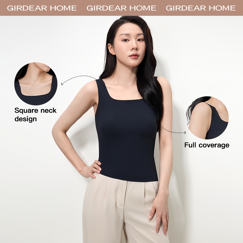 Girdear Home Áo Ba Lỗ Cổ Vuông Trơn Cho Nữ - Với Đệm Áo Ngực Đàn Hồi, Áo Tank Top Lụa Băng Không Tay Mềm Mại Co Giãn, Chất Liệu Thoáng Mát Mát Mẻ Dáng Đơn Phố, 851EB09