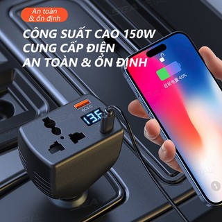 SEAMETAL 150W Biến tần ô tô QC3.0 PD Sạc nhanh Ổ cắm ô tô Màn hình kỹ thuật số đa chức năng Bộ chuyển đổi nguồn xe ba cổng