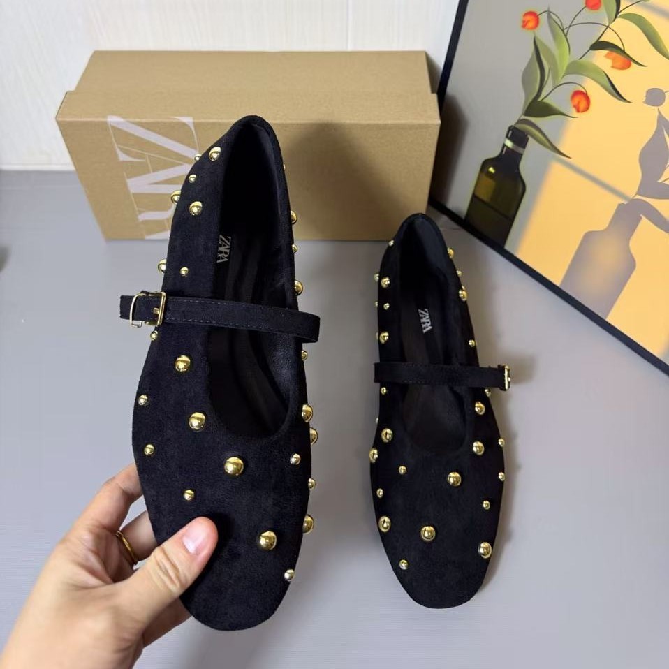 ZARA Mùa Hè Sản Phẩm Mới Đầu Tròn Đinh Tán Nữ Đế Bằng Giày Đơn