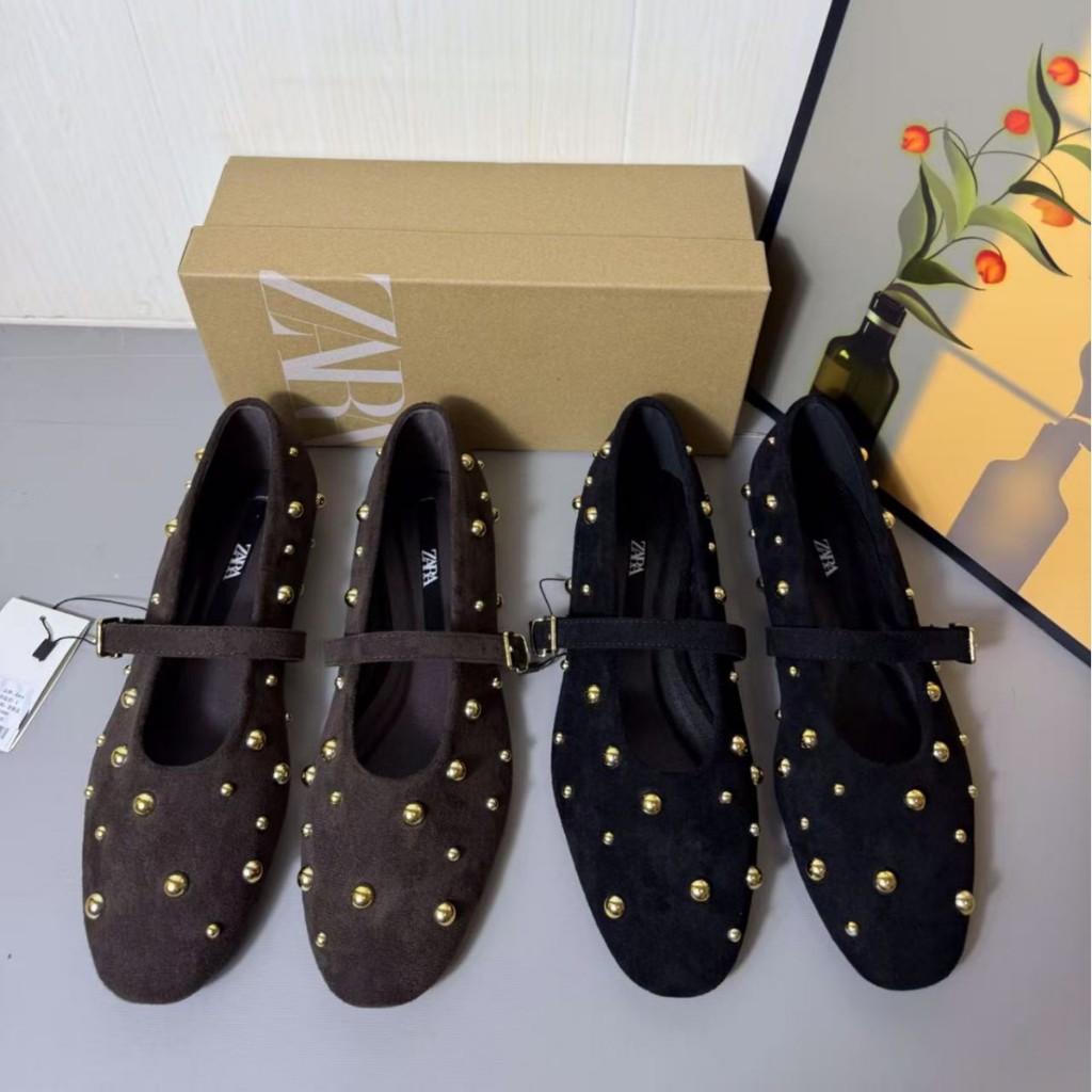 ZARA Mùa Hè Sản Phẩm Mới Đầu Tròn Đinh Tán Nữ Đế Bằng Giày Đơn