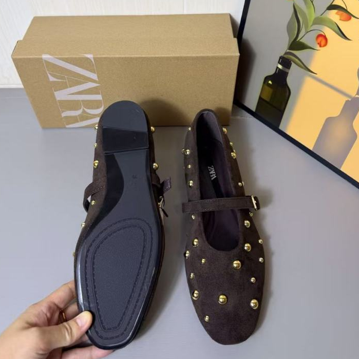 ZARA Mùa Hè Sản Phẩm Mới Đầu Tròn Đinh Tán Nữ Đế Bằng Giày Đơn