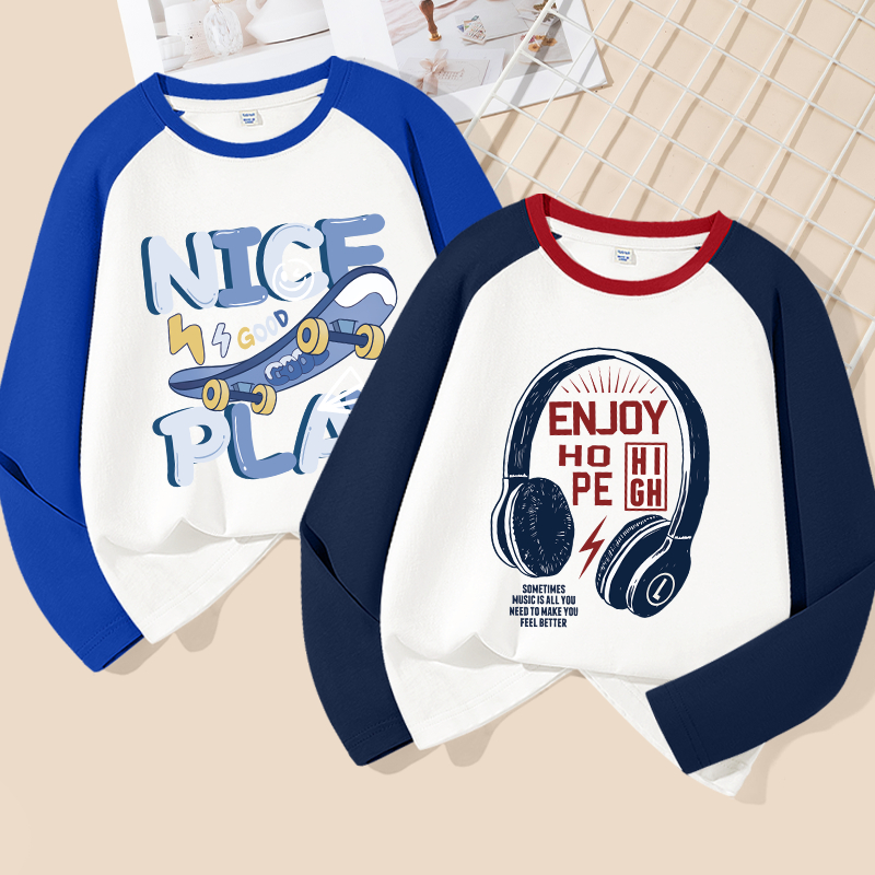 Áo thun dài tay bé trai, vải 100% Cotton in hình hợp thời trang, mềm mại thoải mái thích hợp để mặc đi học