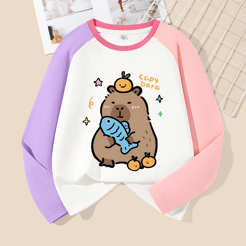 Áo thun bé trai dài tay in capybara, vải cotton mềm mại thoải mái, phù hợp đi học