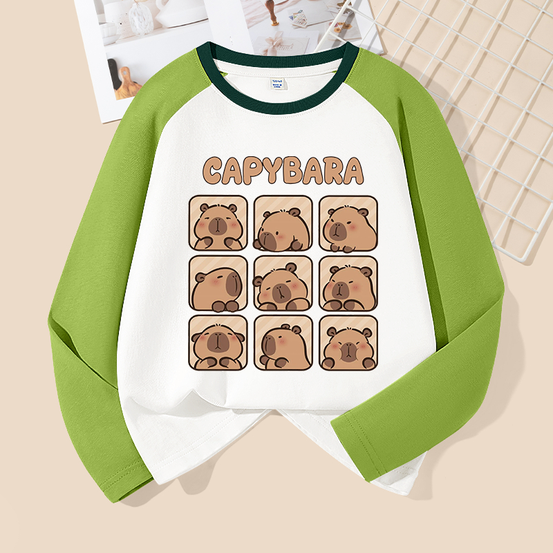 Áo thun bé trai dài tay in capybara, vải cotton mềm mại thoải mái, phù hợp đi học